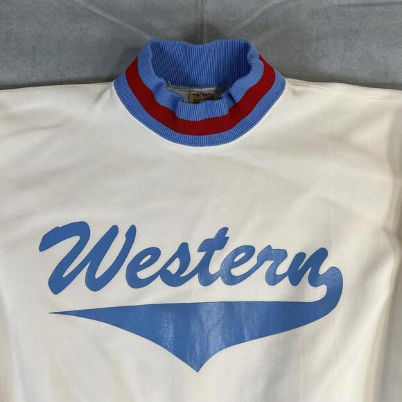 VTG 70s Russell Athletic Western Sweatshirt Mens Large White Blue Ribbed Rare - Picture 2 of 9